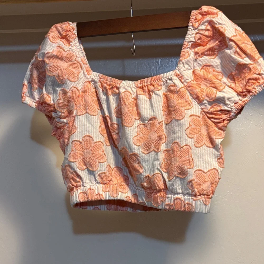 Orange Floral Puff Sleeve Crop Top